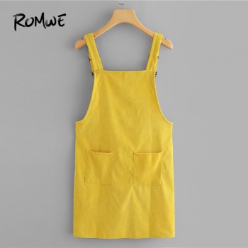 Dungaree Dress With Pocket Summer Yellow Sleeveless Straps Short Dress